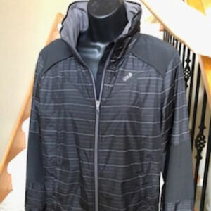 Lole Performance Hooded Striped Full Zip Windbreaker Jacket Black + Grey Sz L